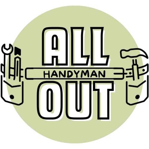 Logo for “All-Out Handyman” inside a circle. It is decorated with a tool belt.